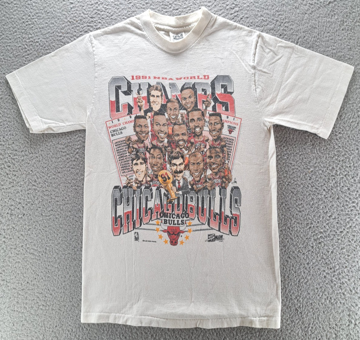 VINTAGE Chicago Bulls NBA World Champions Shirt Mens Small Salem Anvil 1991 USA