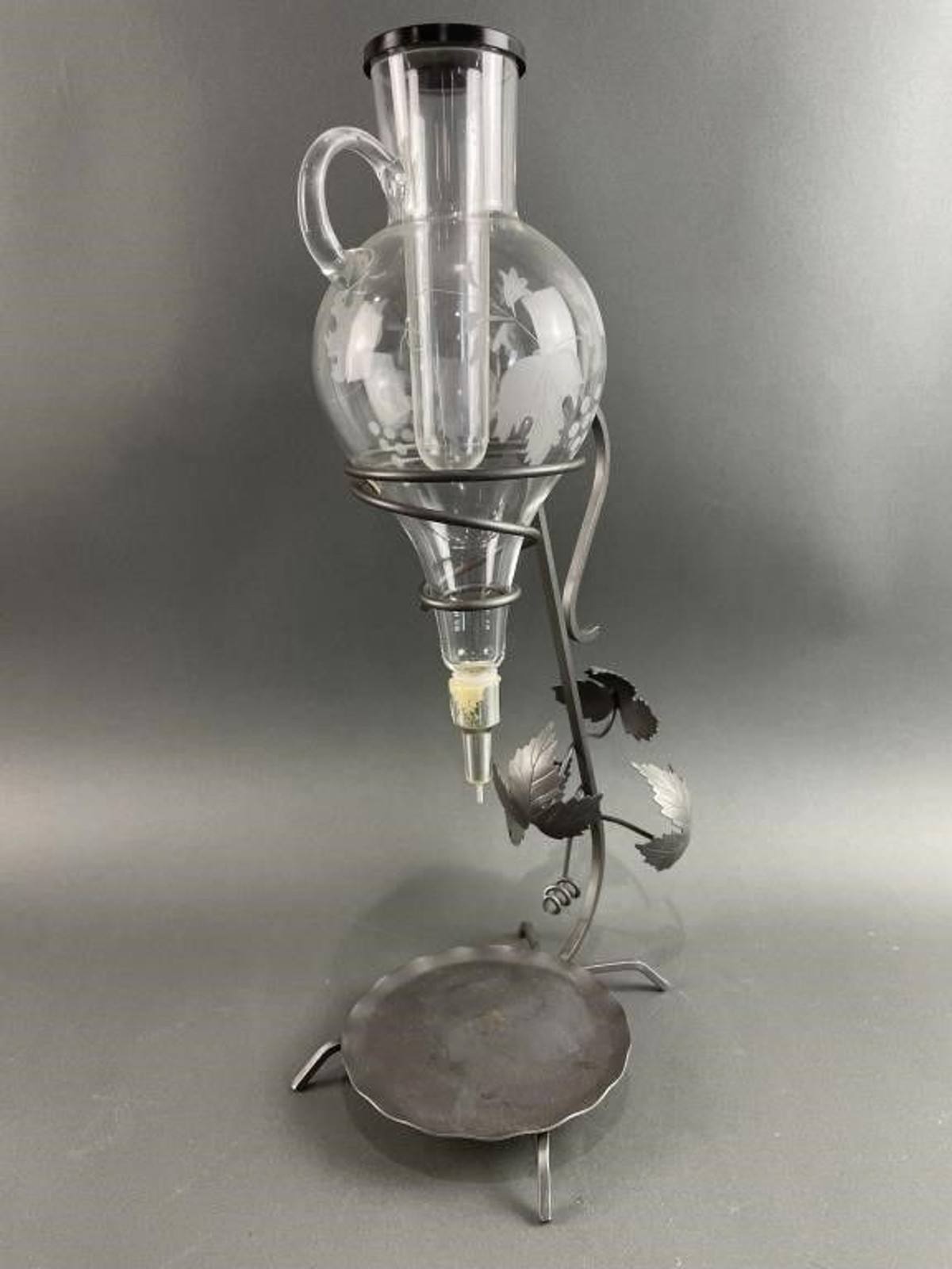Vintage Italian Crystal Wine  Decanter Dispenser Etched Glass Wrought Iron