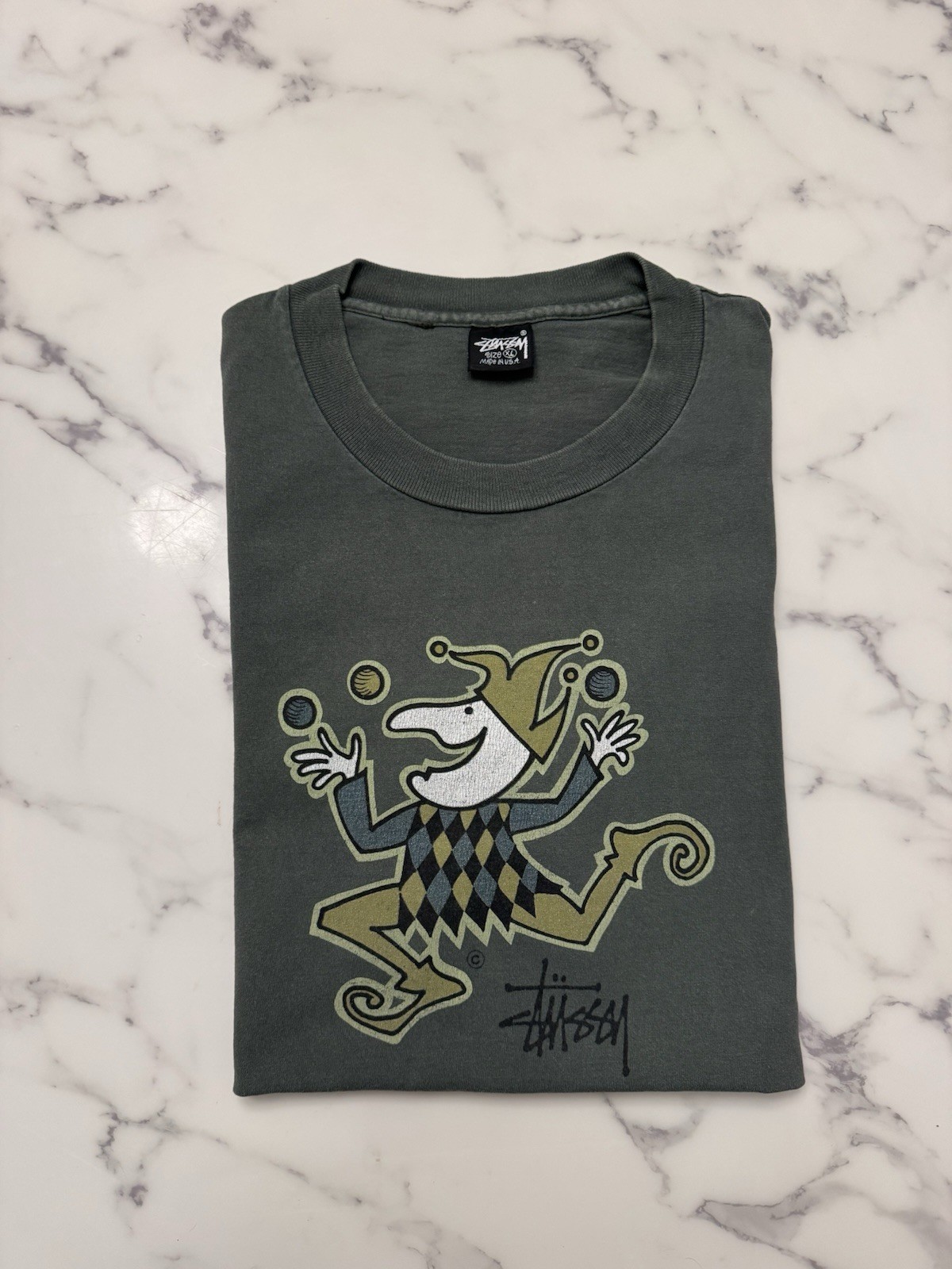 Vintage 90s Stussy Jester T Shirt XL Made In USA Single Stitch Faded Sage Green Vintage 90s Stussy Jester T Shirt XL Made In USA Single Stitch Faded Sage Green