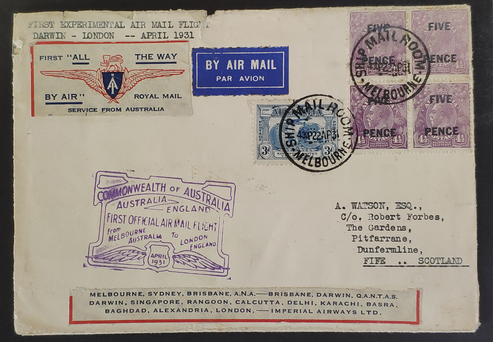 AUSTRALIA. GV RARE 1930 4x Five Pence on 4 1/2d on Experimental Flight cover.