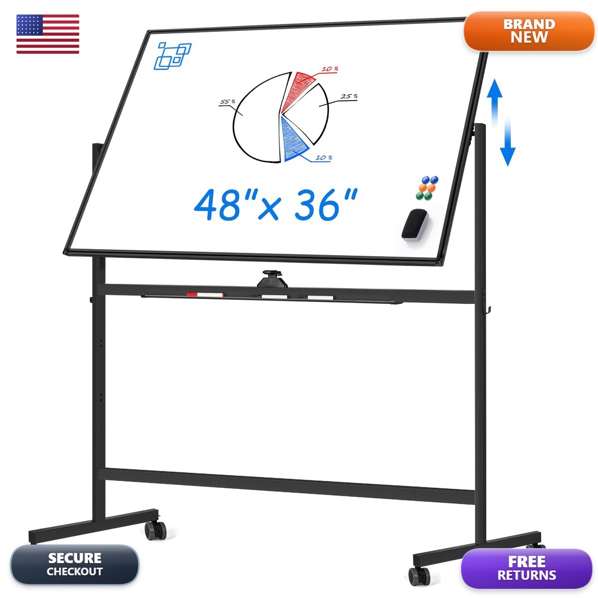 Maxtek Rolling Whiteboard 48x36 in Double-Sided Magnetic on Wheels Black Maxtek Rolling Whiteboard 48x36 in Double-Sided Magnetic on Wheels Black