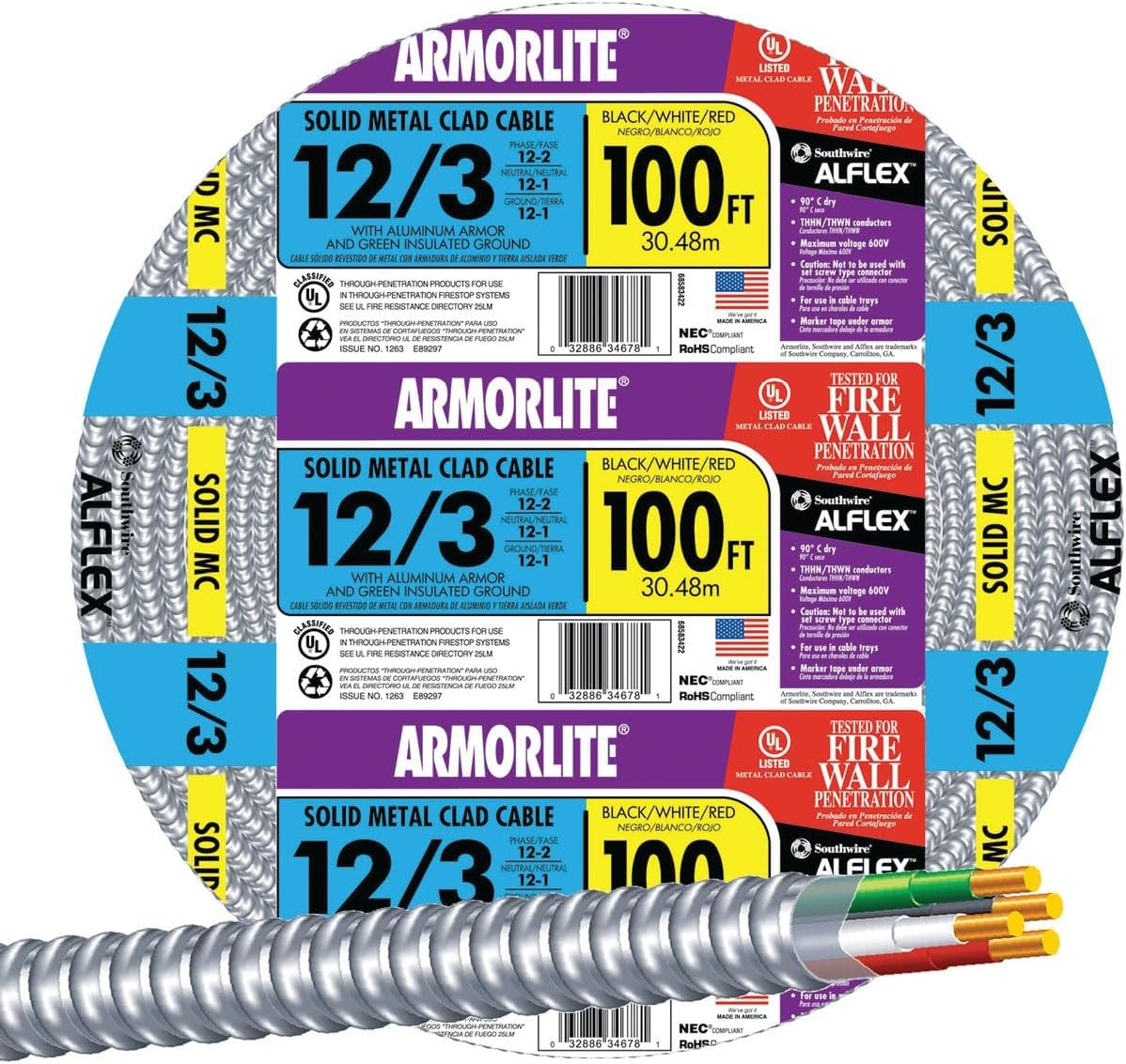 12/3 Solid Copper Armorlite MC Cable, 100 Ft – Metal Clad, Aluminum Armor, THHN/ 12/3 Solid Copper Armorlite MC Cable, 100 Ft – Metal Clad, Aluminum Armor, THHN/