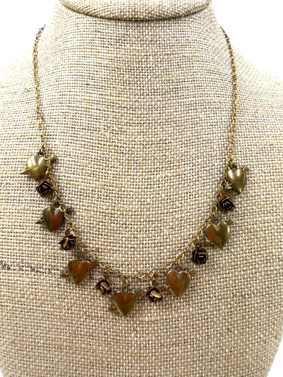 Vintage Necklace Piddly Links Arrow Heart Floral Brass Dainty Chain 18 in
