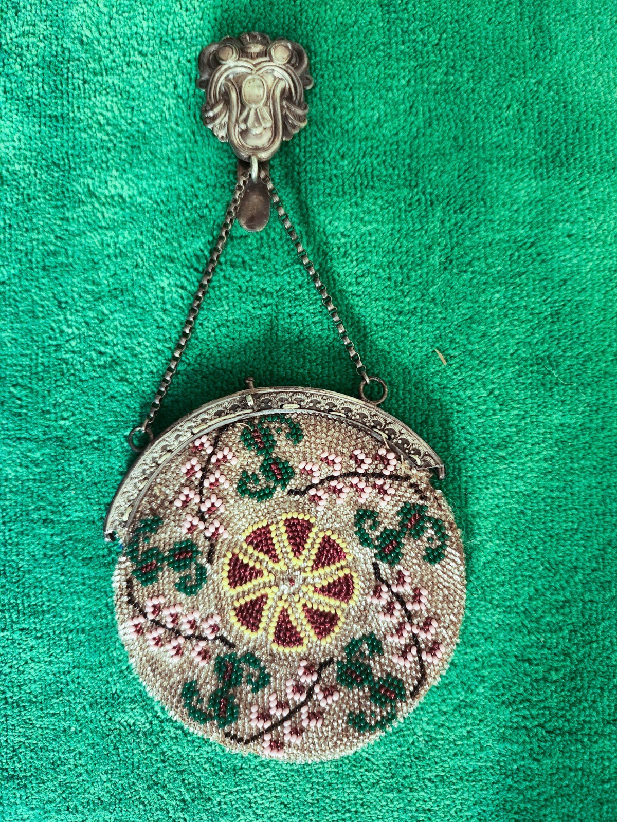 Child’s Chatelaine Purse, Rare, Antique 1860-1880s, microbeads, Sterling clip