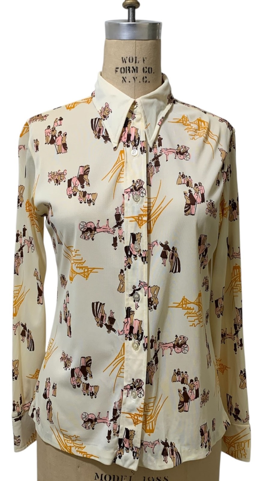 DONNKENNY Vintage 70s Women\'s LS Brooklyn Bridge Print Poly Blouse Shirt - Sz M