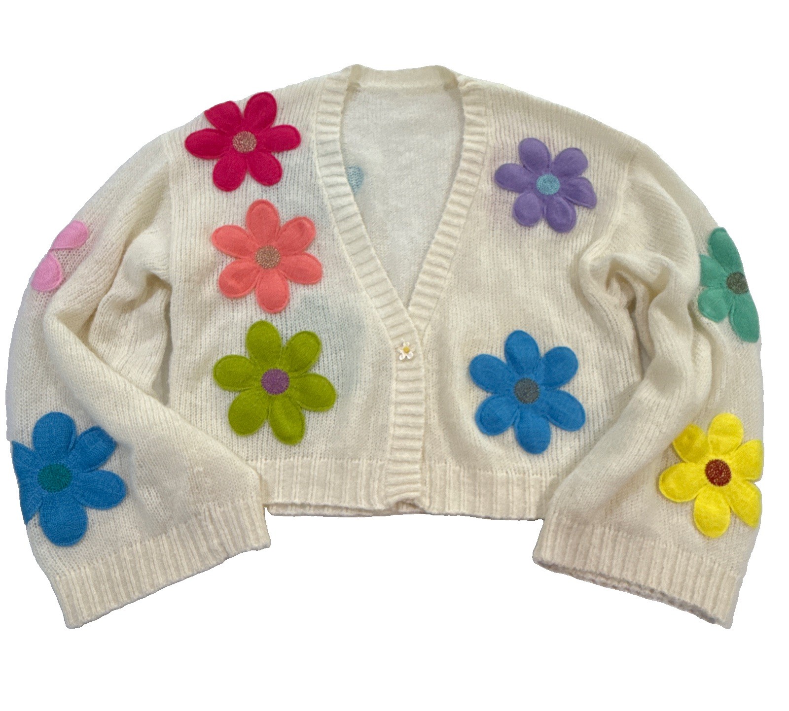 Commense Wool-Blend Colorful Flower Cardigan Sweater M Quiet Luxury Maximalist