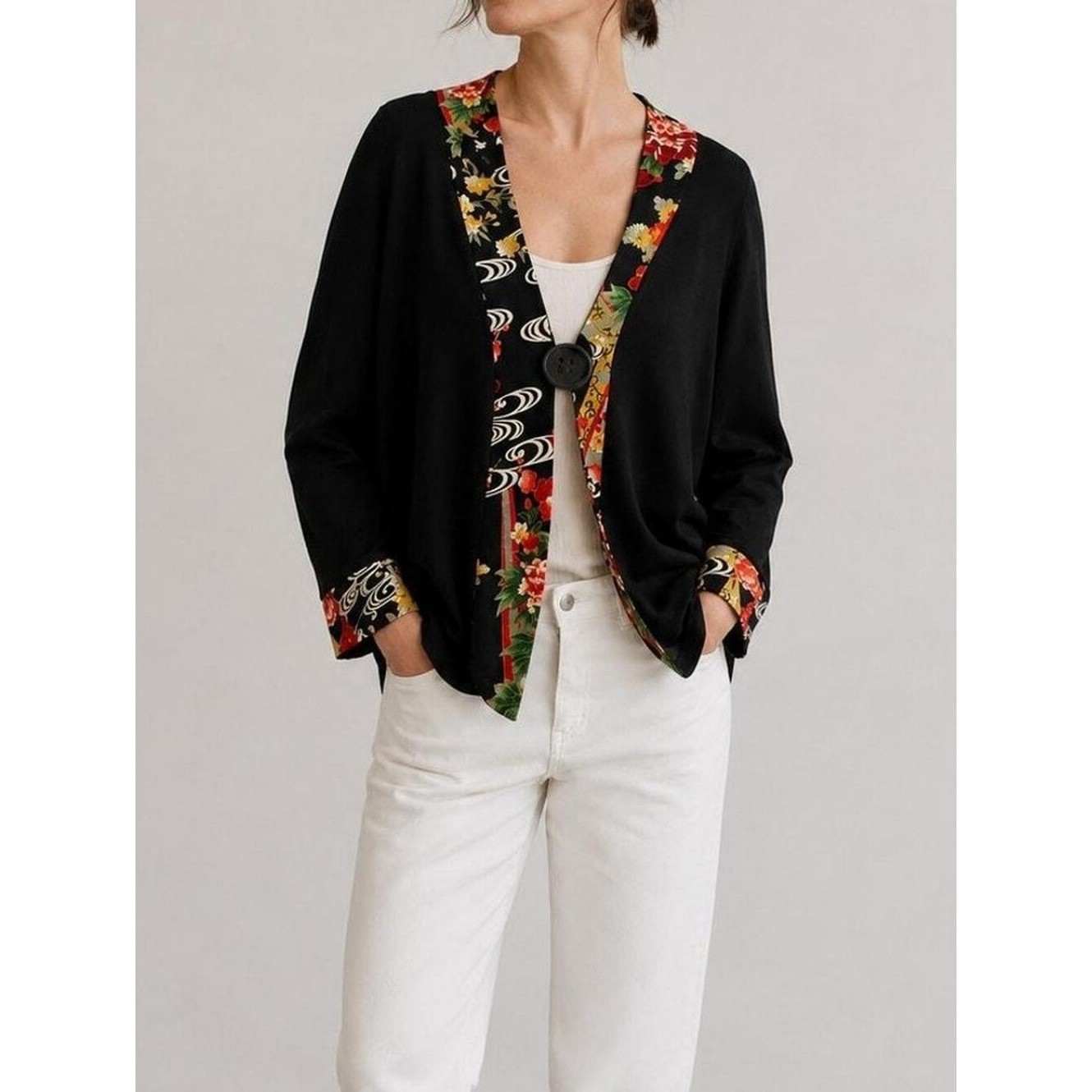 Soft Surroundings Women\'s Kimono Cardigan Size L Statement Asian Floral Artsy
