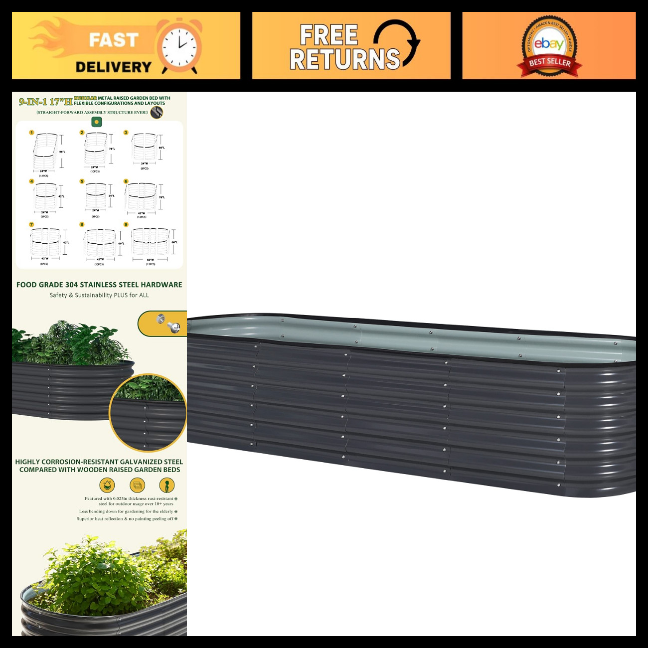 8ft x 2ft Raised Garden Bed - Galvanized Metal Planter Box for Vegetables & Herb