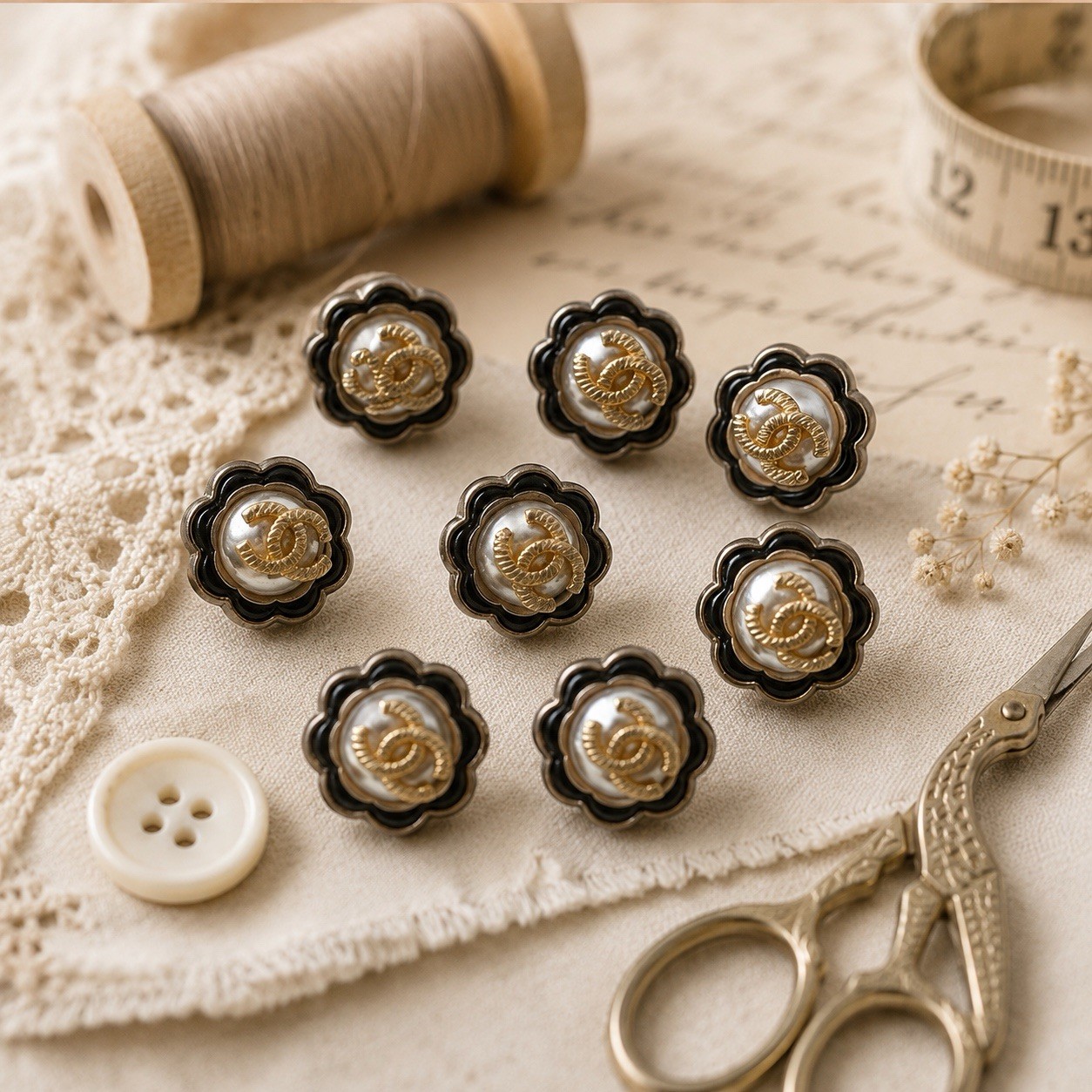 Chanel lot of 8 Designer White and Gold Button 18mm Chanel lot of 8 Designer White and Gold Button 18mm