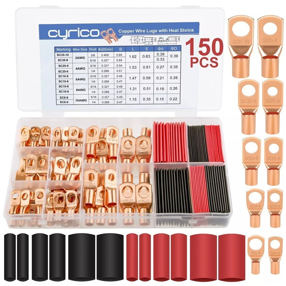150pcs Copper Battery Cable Ends Wire Lugs Assortment Kit AWG 2 4 6 8 10 Gauge