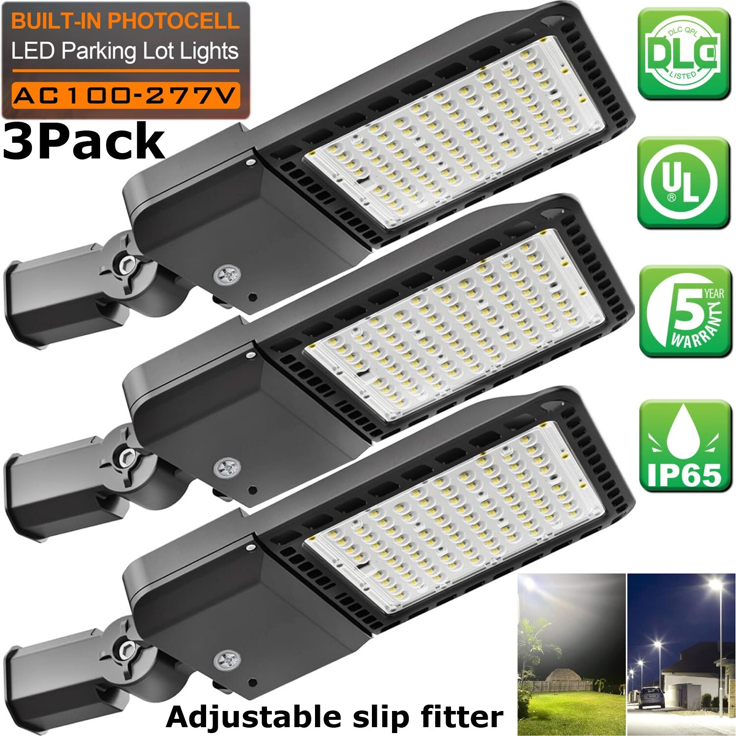 3 Pack 300W Outdoor LED Parking Lot Lights with Dusk to Dawn Photocell, 5000K
