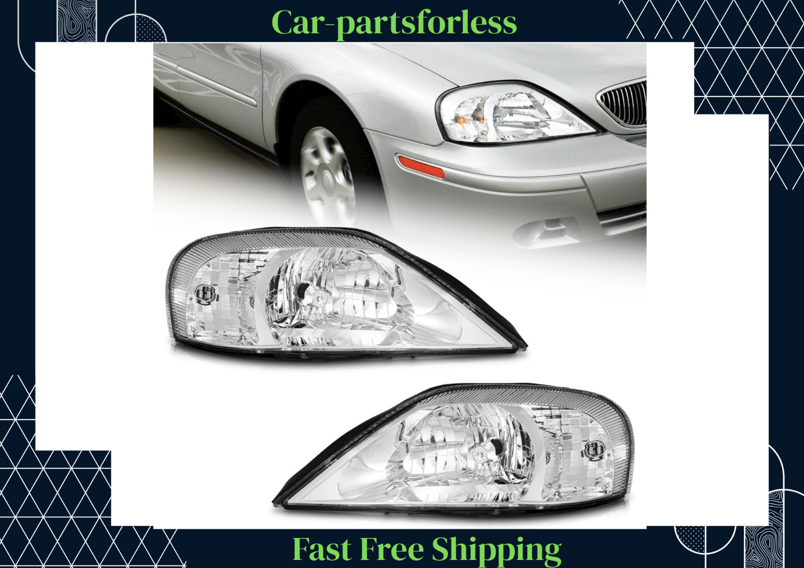 WEELMOTO Pair Headlights Assembly For 2000-2005 Mercury Sable Chrome w/o Bulbs