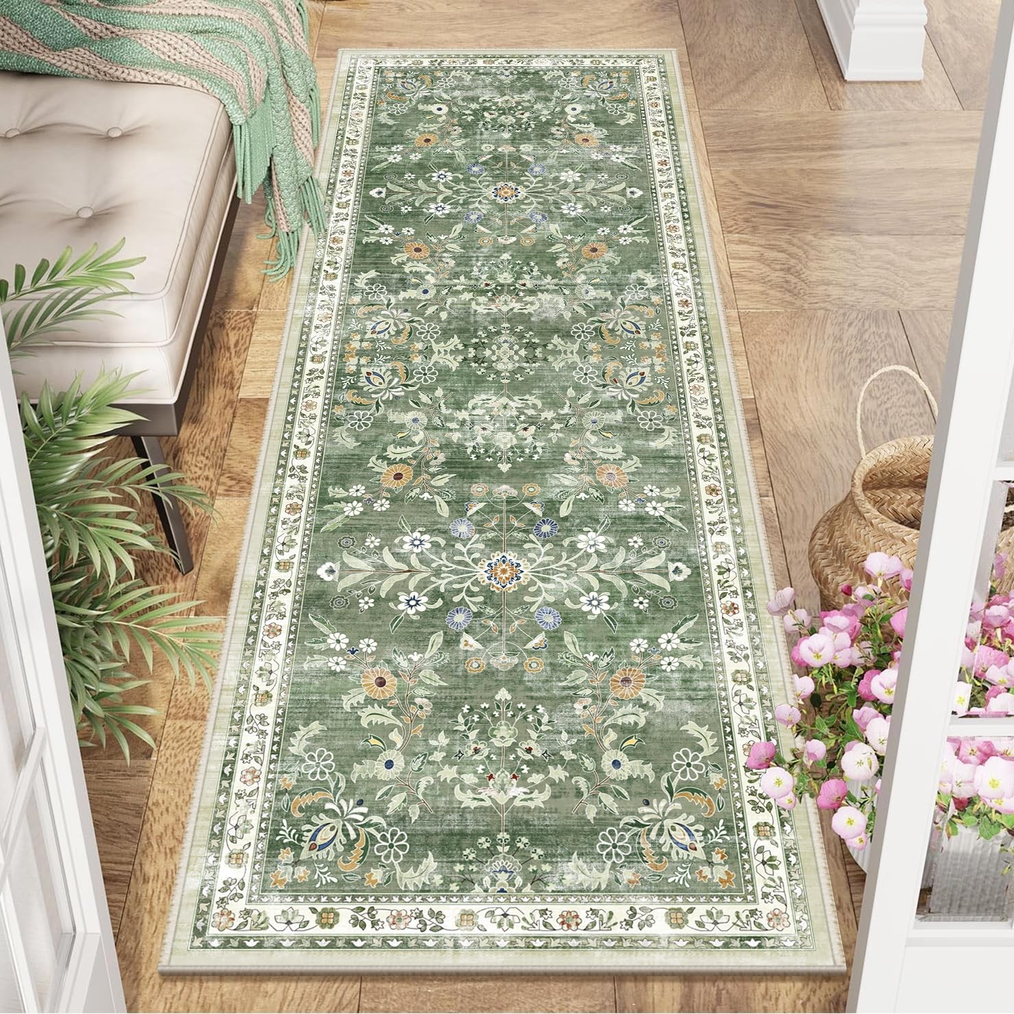 Washable Runner Rug 2x6 – Non Slip Boho Floral Hallway Runner Rug with Rubber Ba