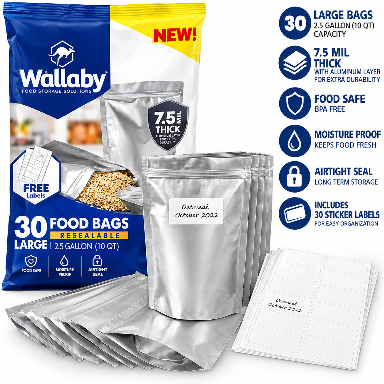 30ct 2.5-Gal Gusset Mylar Bags 15Mil Stand-Up Zipper Food Storage - Silver