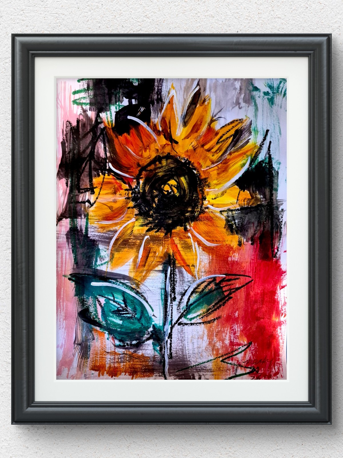 Original Sunflower 11x14 Mixed Media Floral Painting Signed Bold Abstract Art