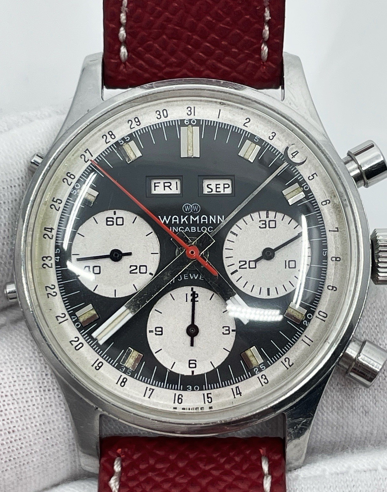 Vintage Wakmann Triple Date Chronograph 72.1309.70 Valjoux 730 37mm Serviced