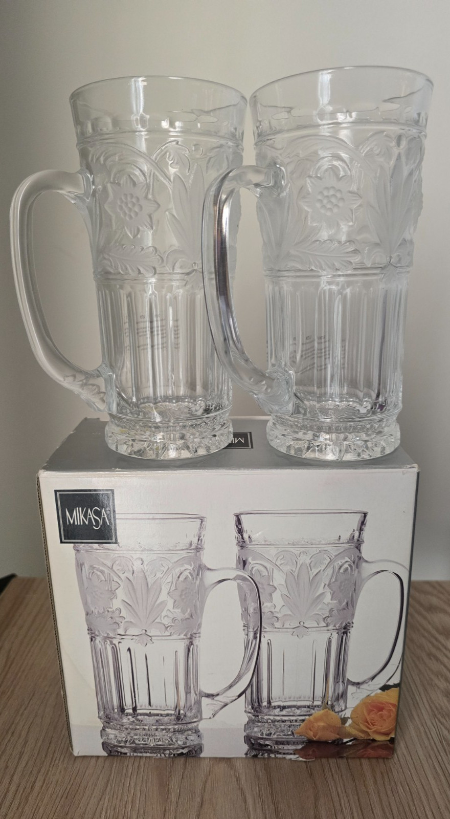 New Mikasa Crystal Floral Trellis Beer Mugs Frosted Glass Set Of 2 Mugs New Mikasa Crystal Floral Trellis Beer Mugs Frosted Glass Set Of 2 Mugs