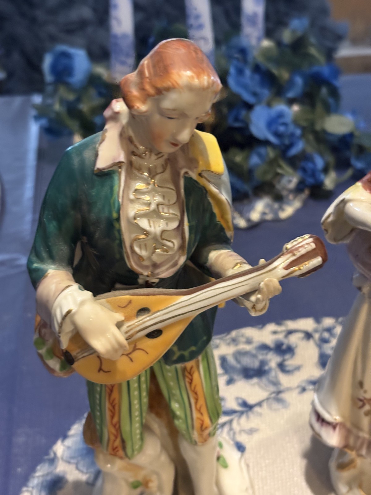 2 Vintage Occupied Japan Victorian Figurines 10.5 INCH Man & Woman w/ lute