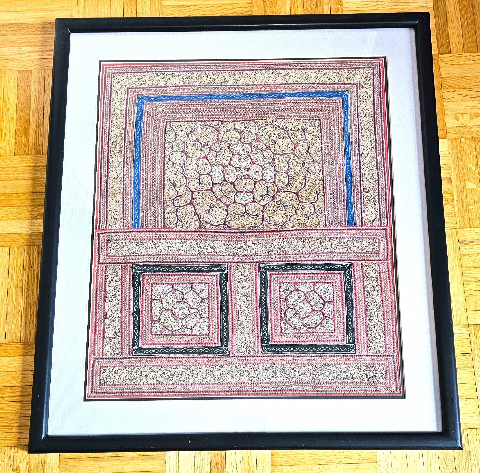 Framed Chinese Ge Jia Miao Embroidered Baby Carrier Panel Vintage 27” Framed Chinese Ge Jia Miao Embroidered Baby Carrier Panel Vintage 27”