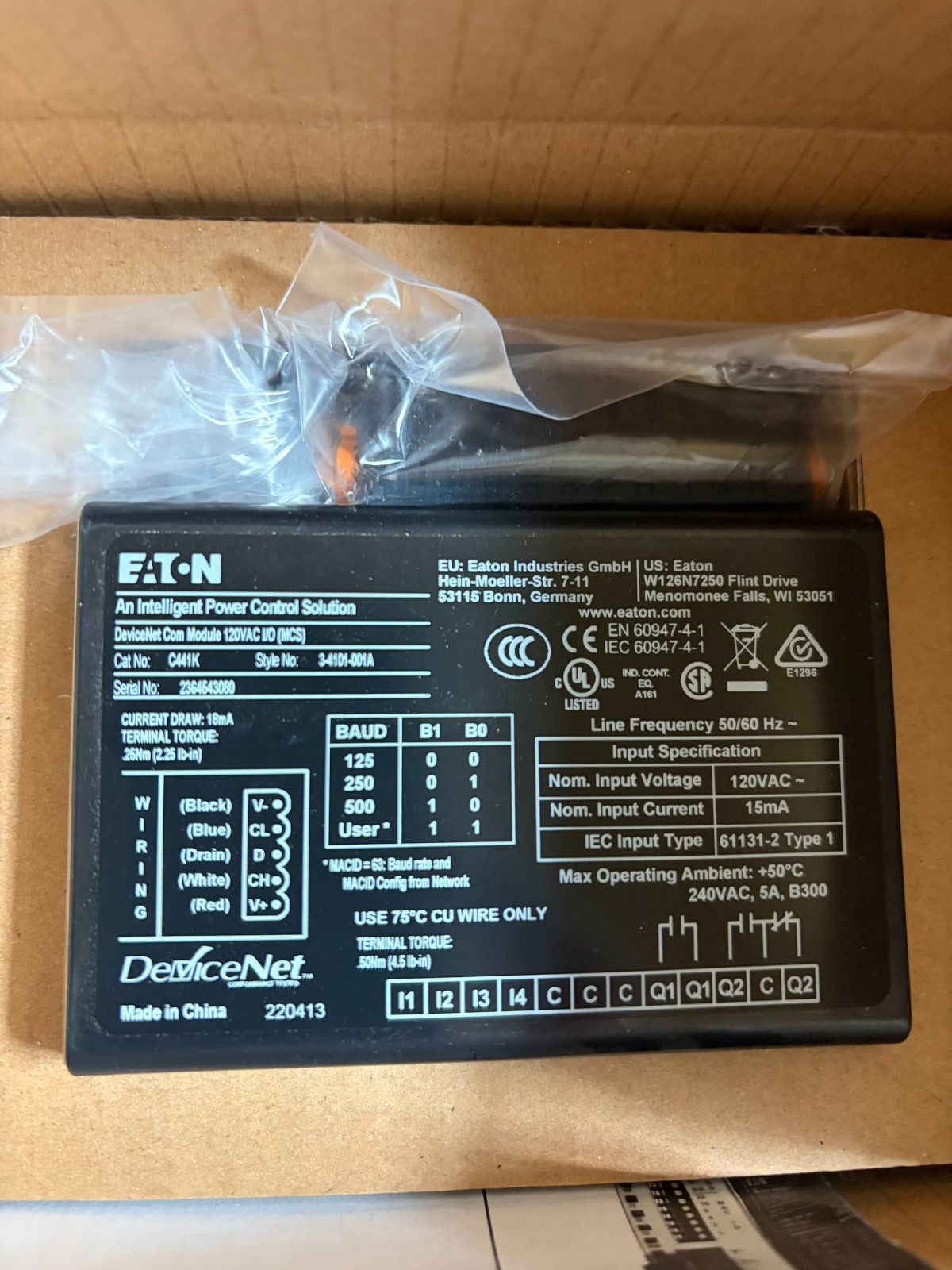 1 Eaton C441K Programmable Logic Controller DeviceNet Communication Module I/O