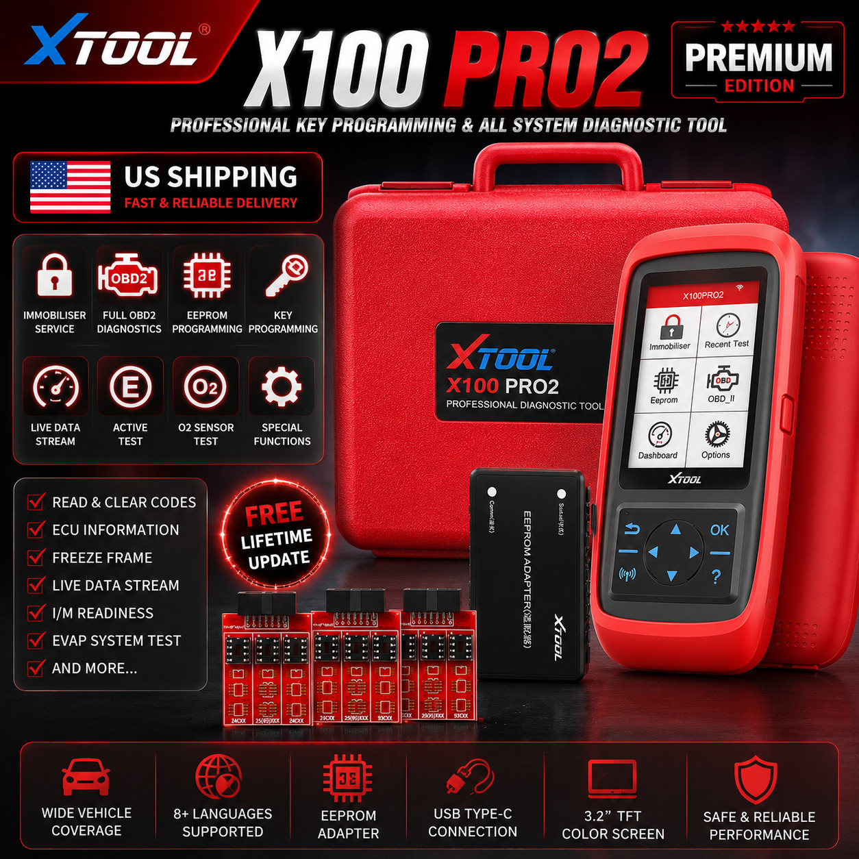 XTOOL X100PRO2 Automotive Key Fob Programming Tool OBDII EEPROM Scanner US STOCK