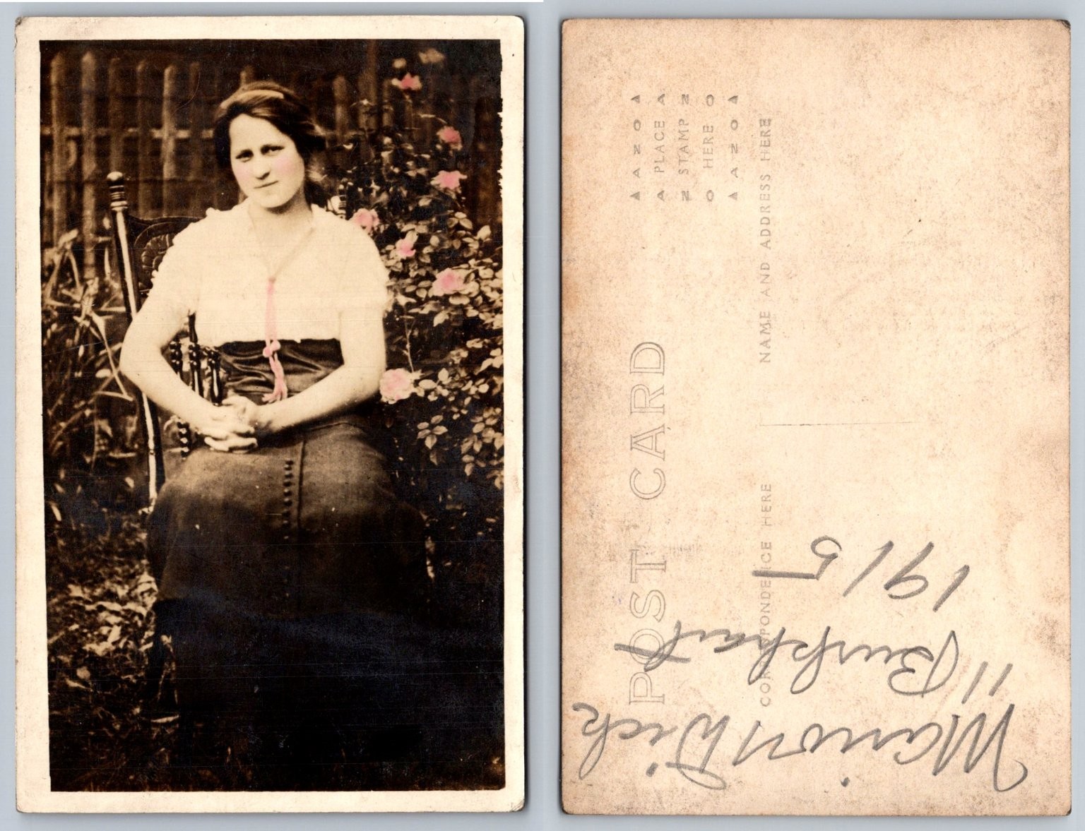 1915 RPPC Marion Kirsch Woman Portrait Hand Tinted Cheeks Roses Postcard