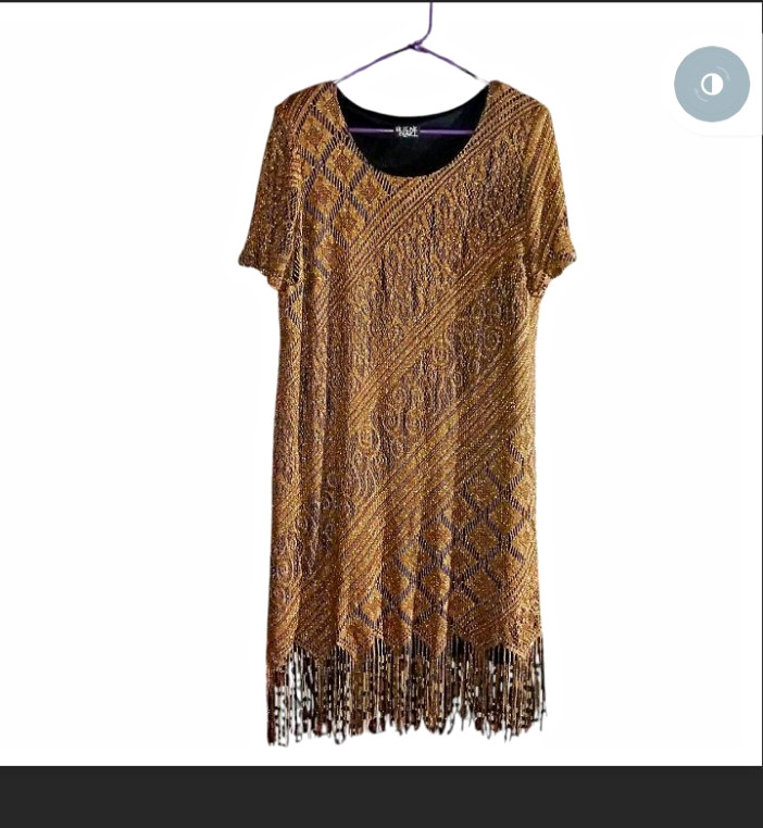  Helene Blake Gold Black Knit Fringe Mini Dress Flapper Vintage Size 16  