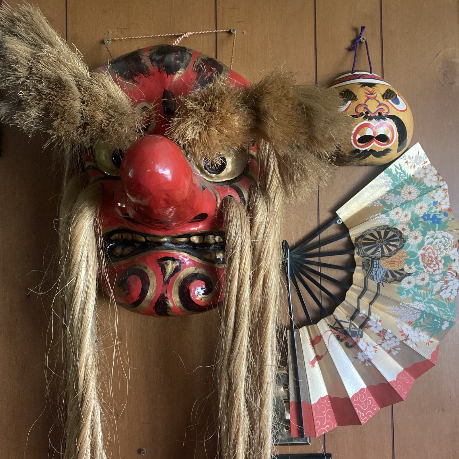 Vintage Japanese Tengu Oni Mask Lot Daruma Wall Mask & Fan Folk Art Lot