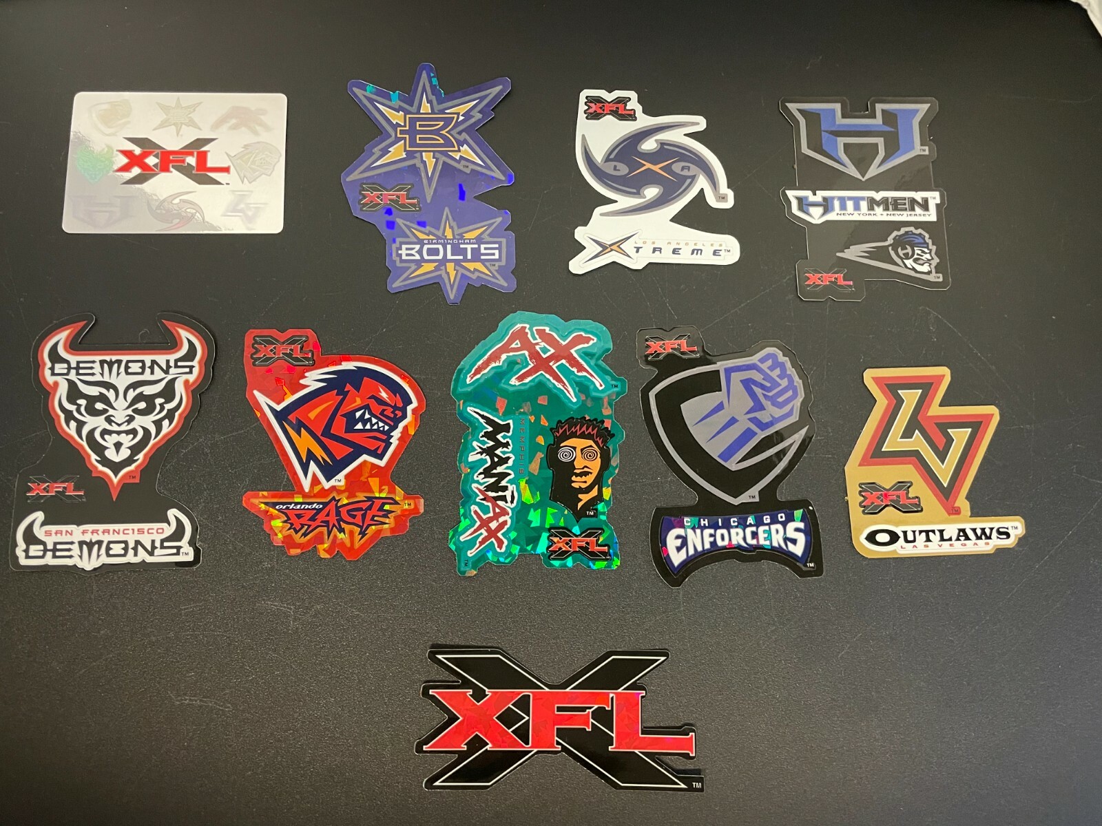 2001 Full Set of 10 XFL Football Team Stickers Reflective Prism rare 2001 Full Set of 10 XFL Football Team Stickers Reflective Prism rare