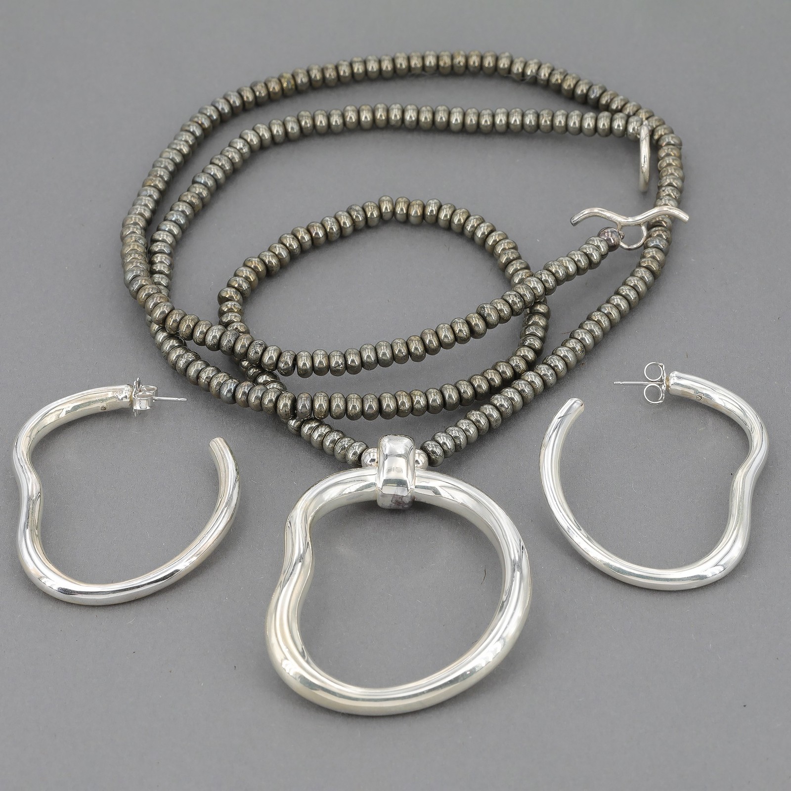 Simon Sebbag Pyrite Beaded Necklace with Sterling Electroform Pendant & Earrings Simon Sebbag Pyrite Beaded Necklace with Sterling Electroform Pendant & Earrings