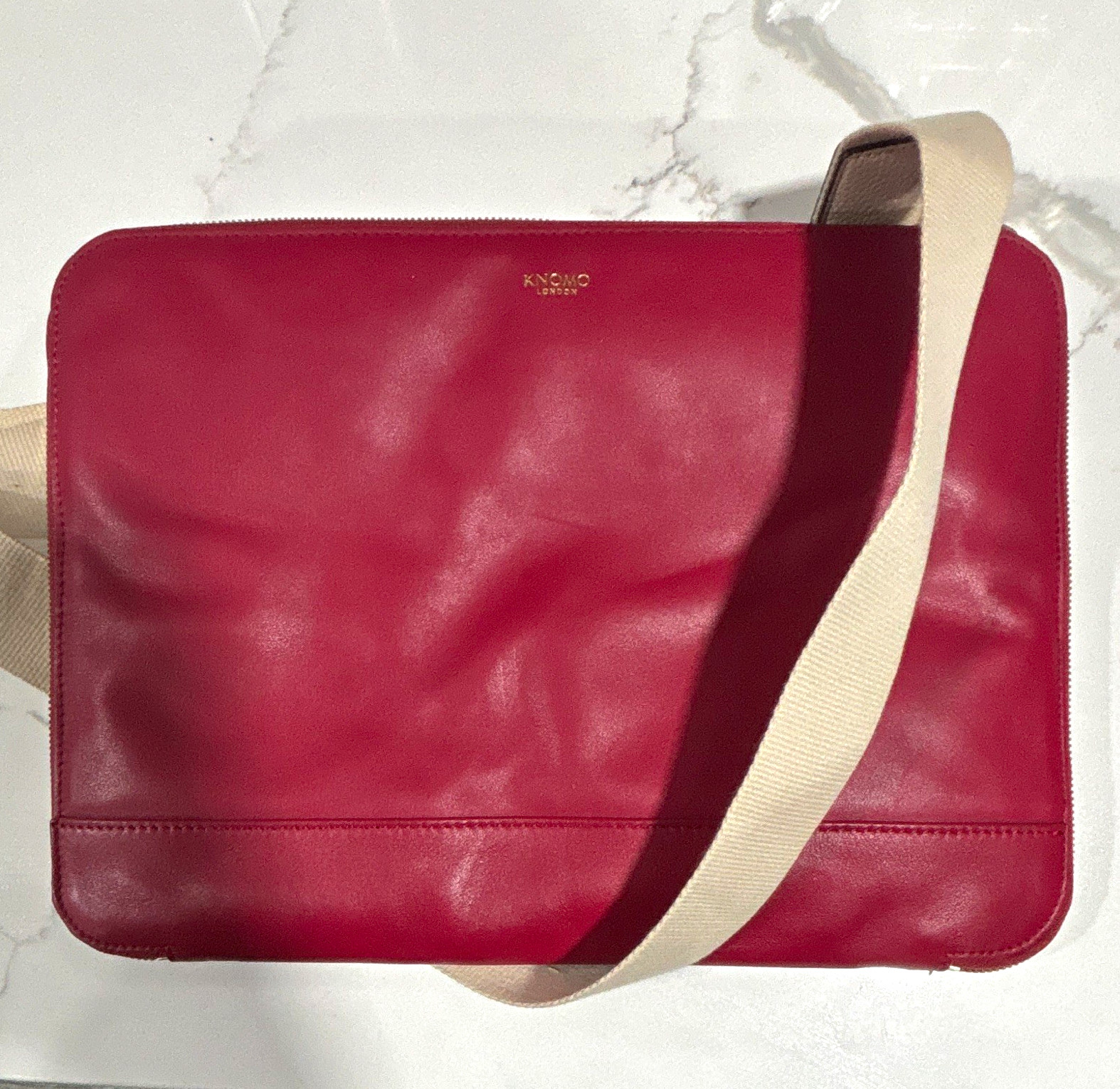 KNOMO London Mason 13in Red Leather Messenger Bag, Adjustable Strap QK 504 KNOMO London Mason 13in Red Leather Messenger Bag, Adjustable Strap QK 504