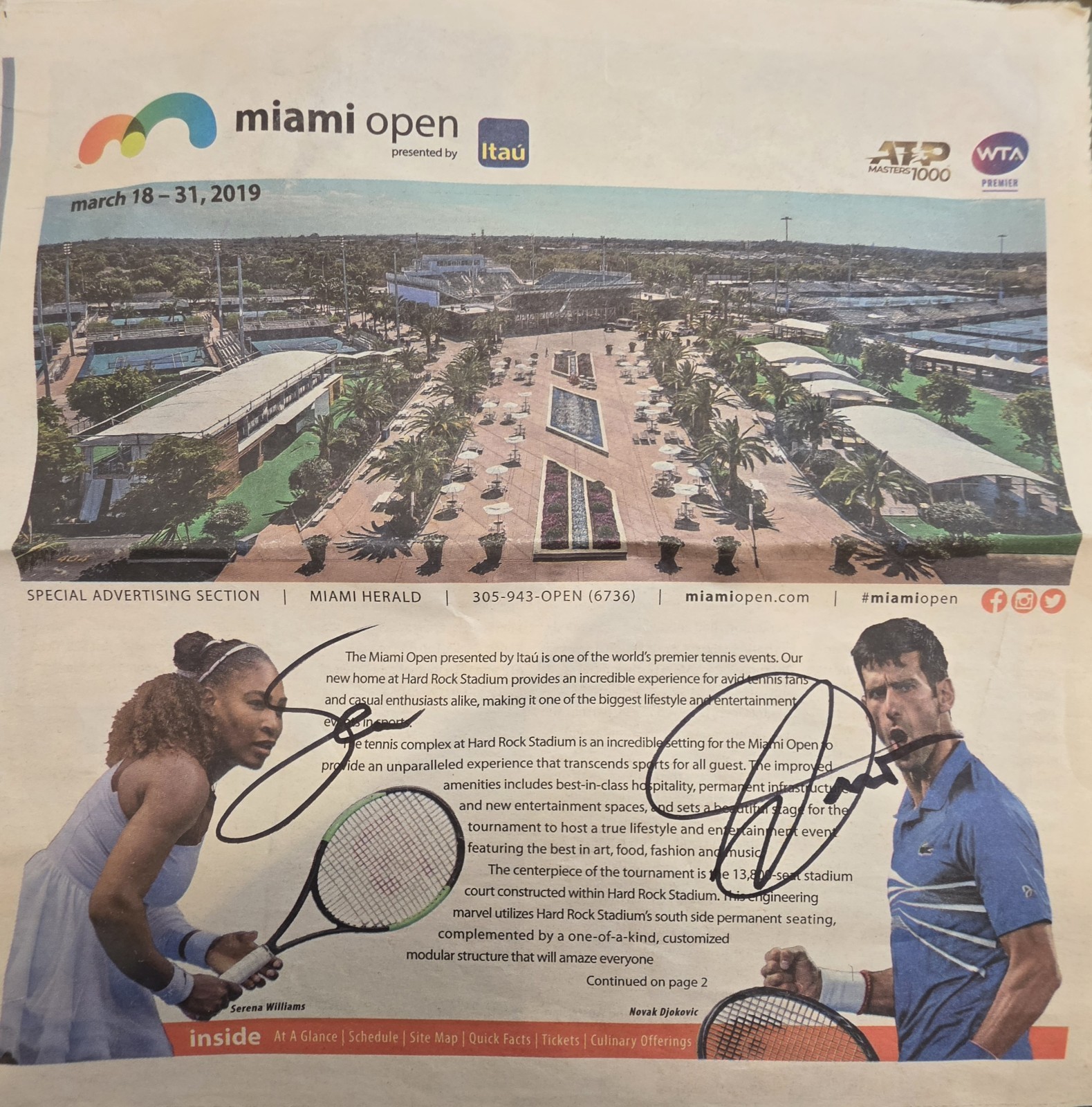 Serena Williams And Novak Djokovic Miami Open Signed  Miami Herald Insert