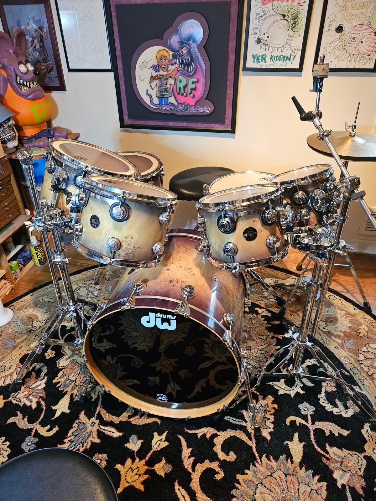 2002 DW Collector's Series Mappa Burl Black Burst 7pc Drum set Mint