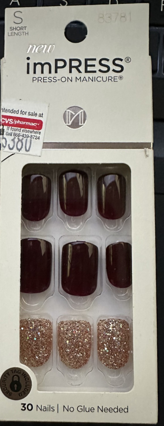 Kiss Impress Nails Gel Glue/Press on Short Deep Red Gold Glitter accent Gloss