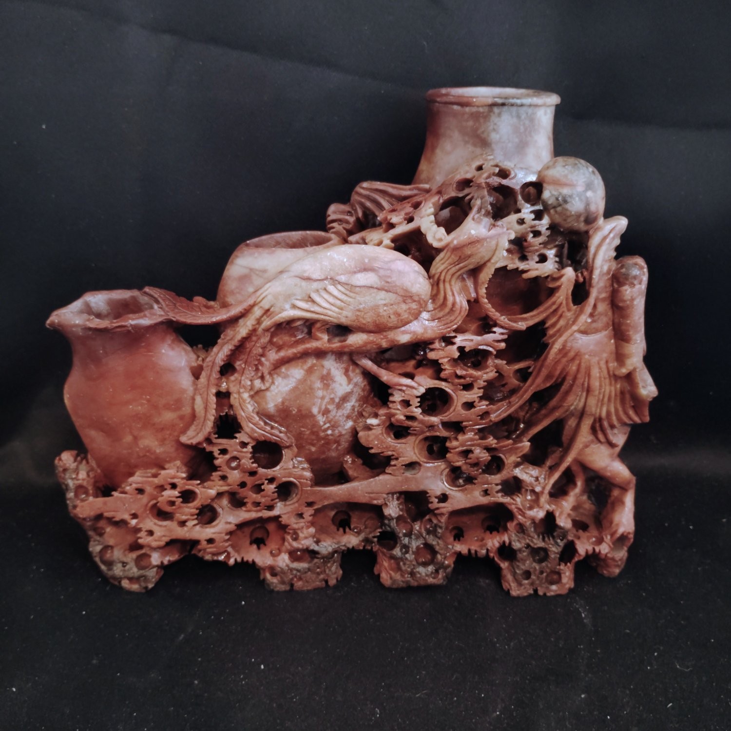 Large Antique Chinese Carved Soapstone Triple Vase Dragon Phoenix Flaming Pearl