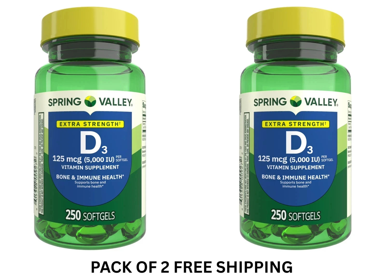 2 Pack Spring Valley Vitamin D3 Softgels, 125 mcg per Softgel, 5,000 IU, 250 Ct 2 Pack Spring Valley Vitamin D3 Softgels, 125 mcg per Softgel, 5,000 IU, 250 Ct