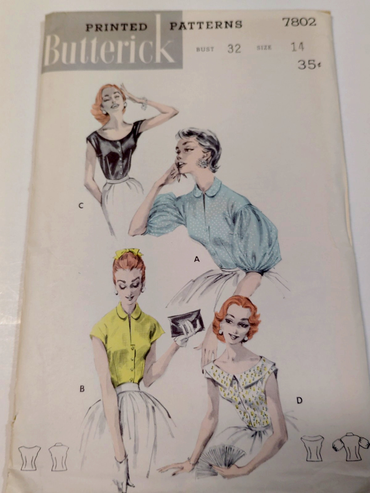 Butterick 7802 Shirt Blouse Top Sewing Pattern Ladies 14 VTG 50's UC Puff Scoop Butterick 7802 Shirt Blouse Top Sewing Pattern Ladies 14 VTG 50's UC Puff Scoop