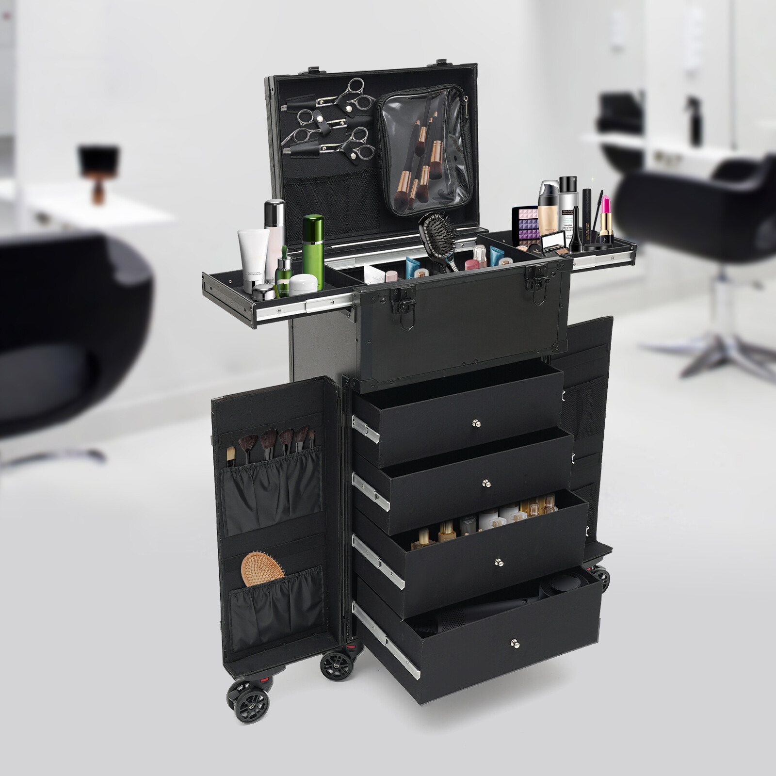 Rolling Makeup Train Case Cosmetic Trolley Travel Makeup Storage Organizer Black