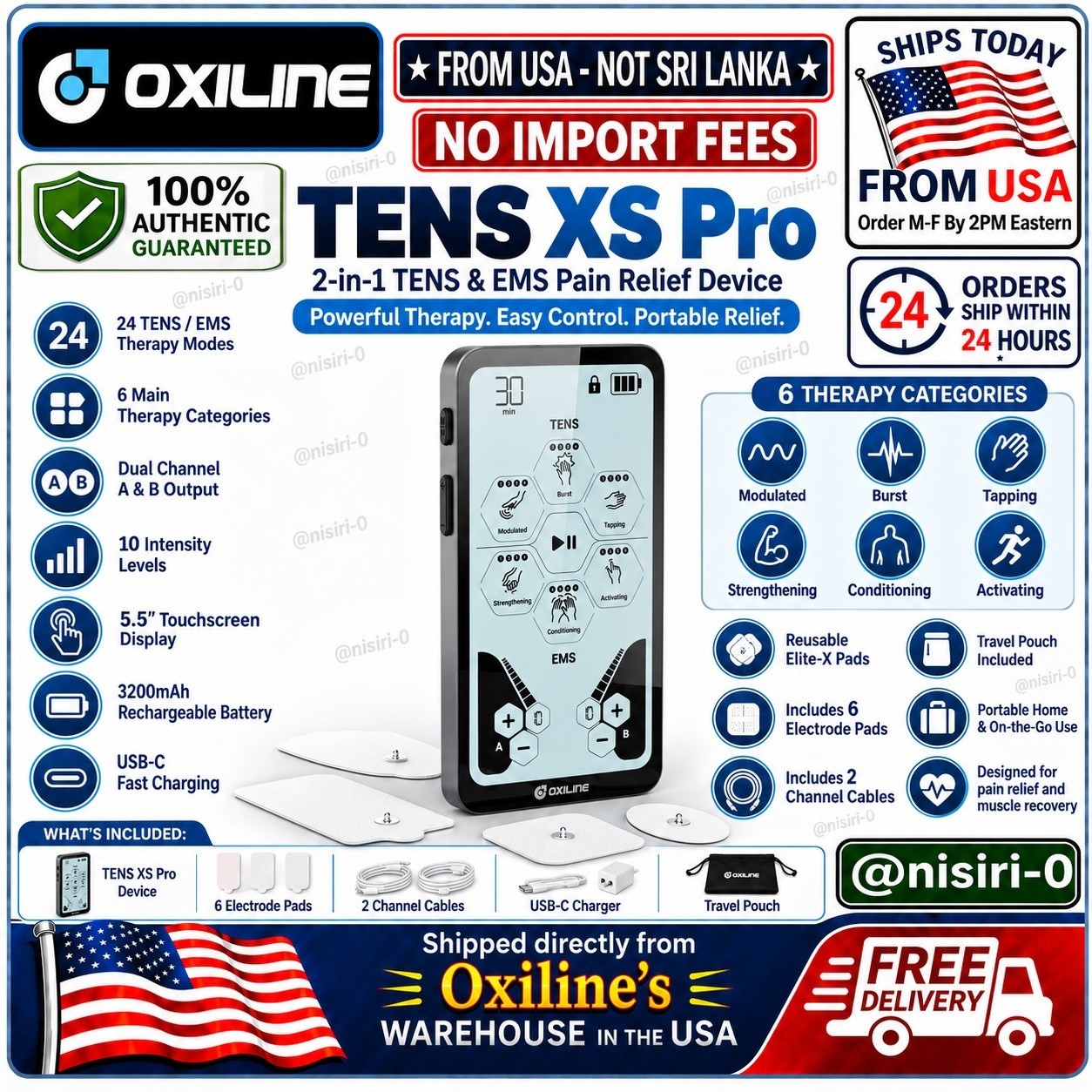 0xiline TENS XS Pro TENS EMS Unit Dual Channel Touchscreen 24 Modes 🚚From uSA🚚
