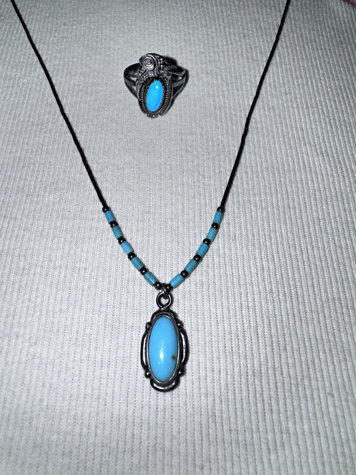 Vtg 925 Sterling Silver Turquoise Southwestern Necklace Ring Set Navajo Style Vtg 925 Sterling Silver Turquoise Southwestern Necklace Ring Set Navajo Style