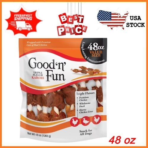 NEW Good 'n' Fun Triple Flavor Kabobs Rawhide Chews All Dogs 48 oz FREESHIPPING