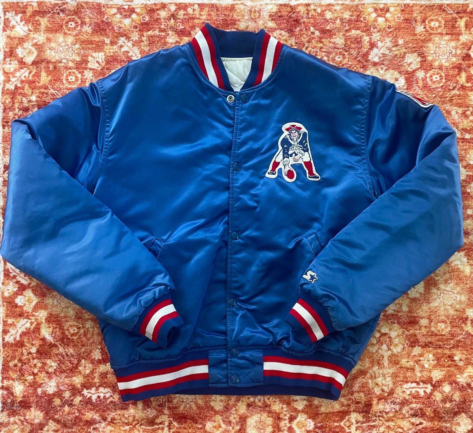 Vintage New England Patriots Starter Satin Bomber Jacket 80\'s Large NFL Blue