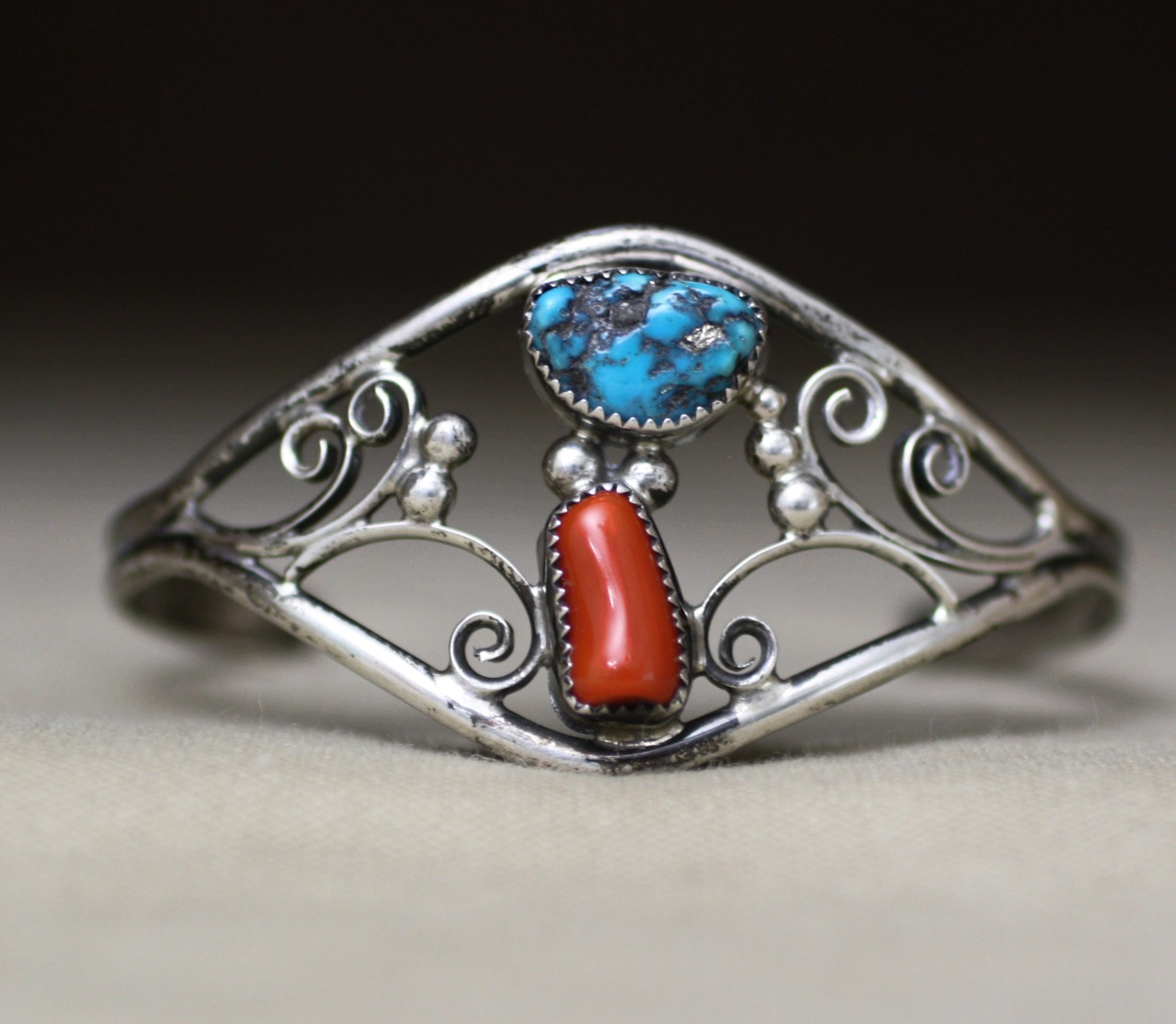 Vintage Native American Navajo Turquoise Coral Sterling Silver Cuff Bracelet