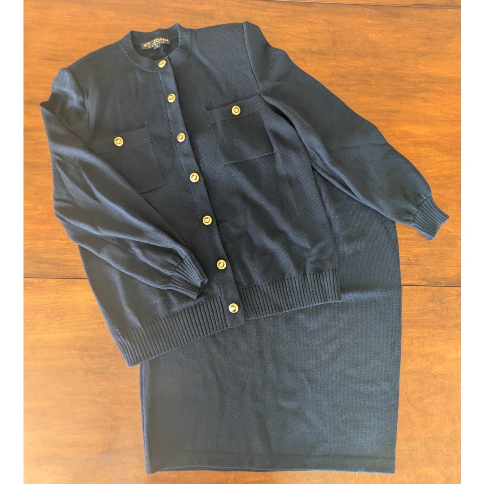 Vintage St. John Basics Black Knit Skirt Cardigan Set Gold Buttons M 12