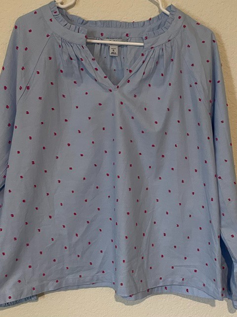 Croft Barrow Blouse Women’s Petite L Polka Dot Ruffle Collar Blue Long Sleeve