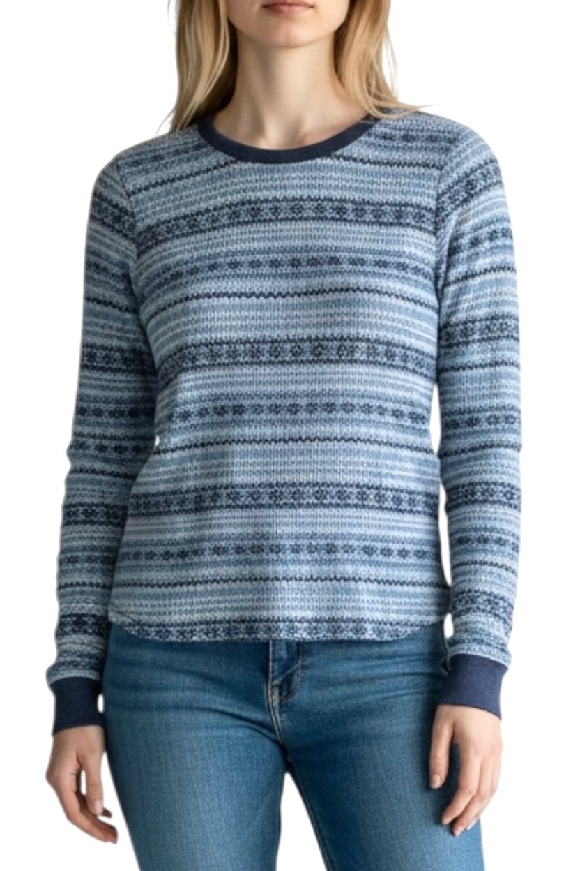American Eagle Women\'s Waffle Knit Thermal Top Long Sleeve Size S Blue Printed