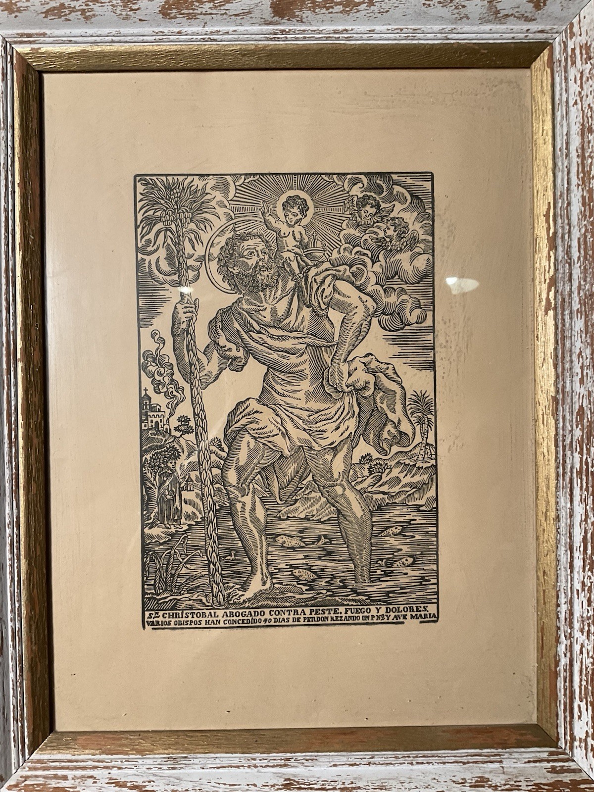 Antique Saint Christopher Woodcut Devotional Print Spanish Colonial Framed 15x20