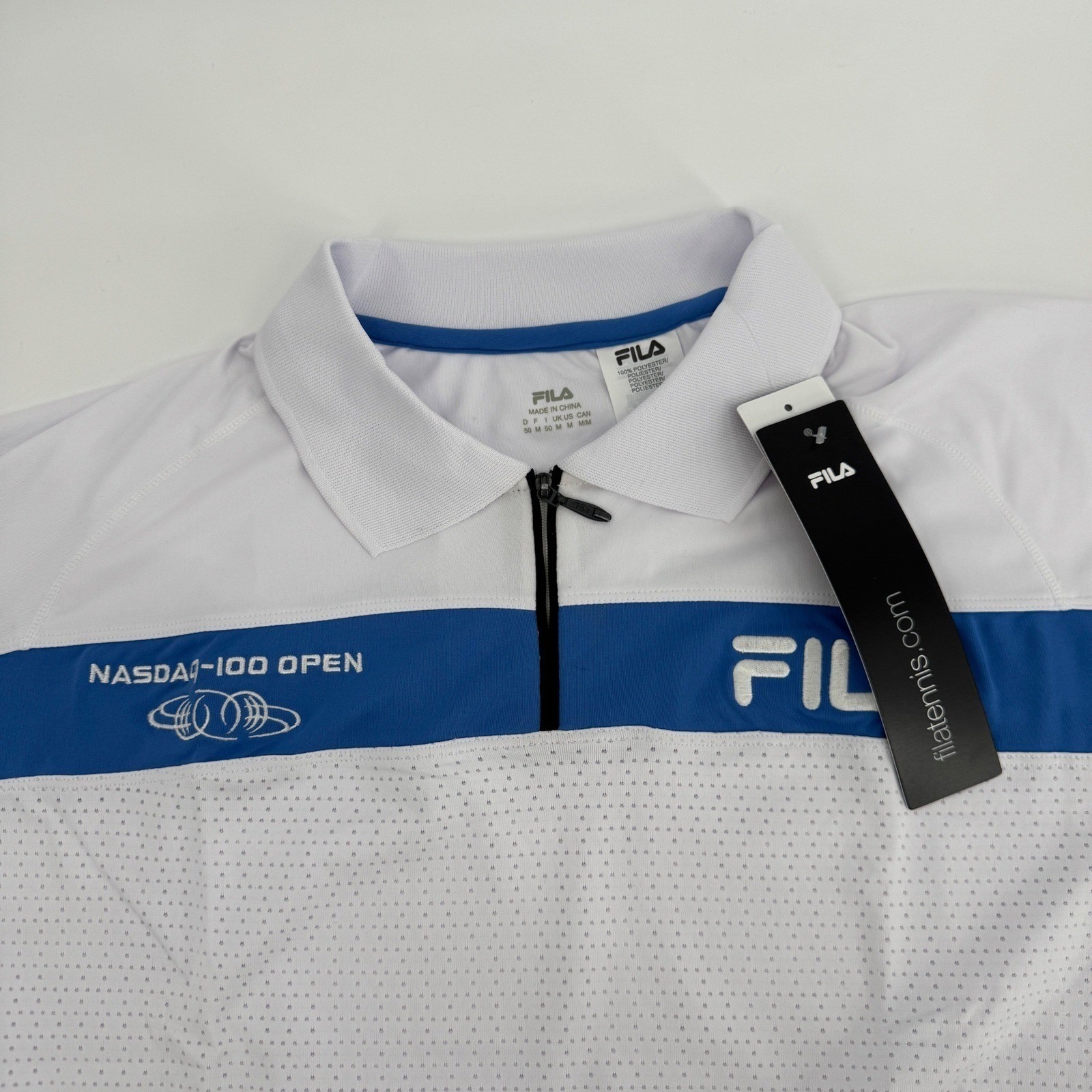 NEW Fila Medium Tennis Polo Shirt Short Sleeve White Blue Nasdaq 100 Open Zip NEW Fila Medium Tennis Polo Shirt Short Sleeve White Blue Nasdaq 100 Open Zip