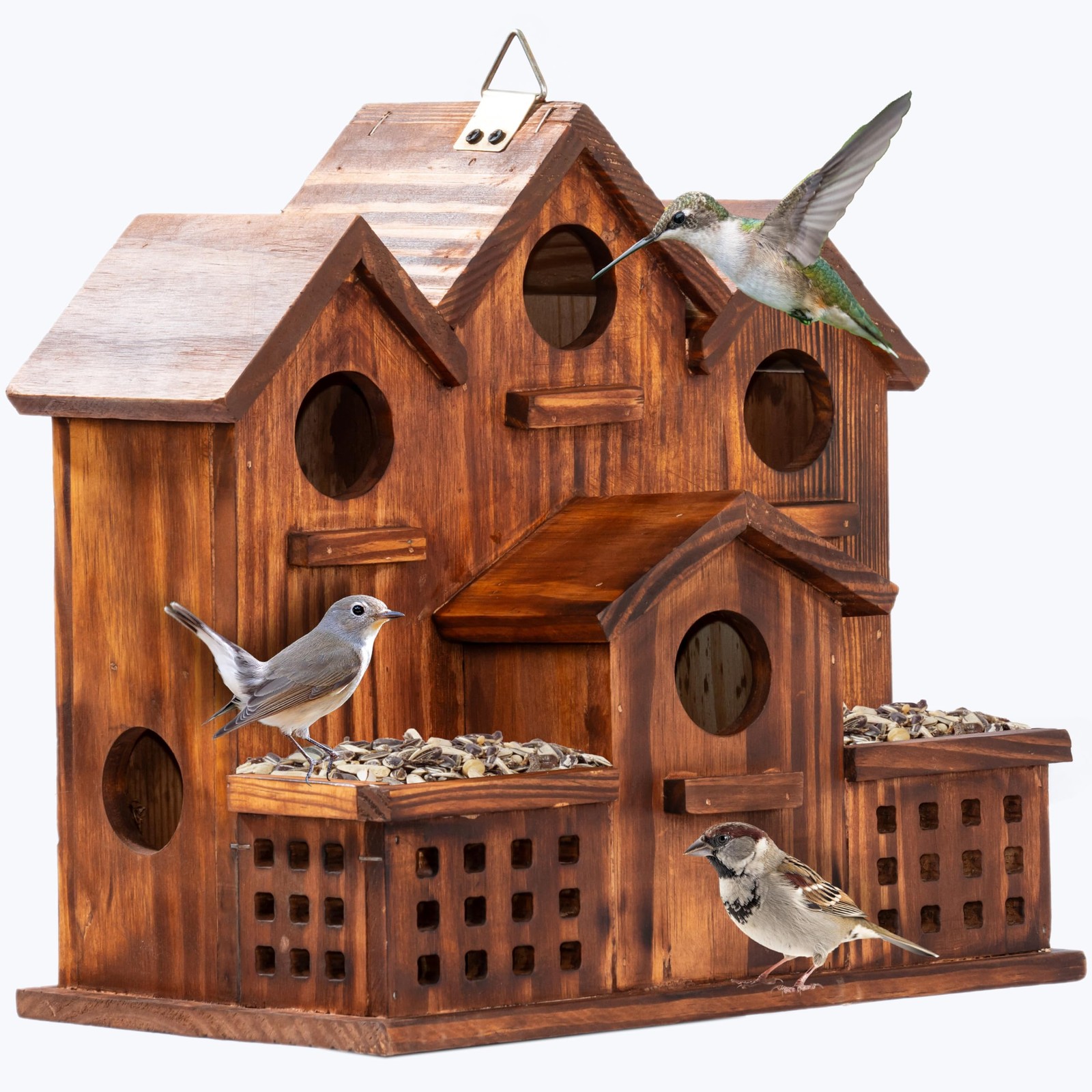 MIXUMON Bird House Outdoor with Feeder, 6-Room Wooden Birdhouse for Outdoors ...