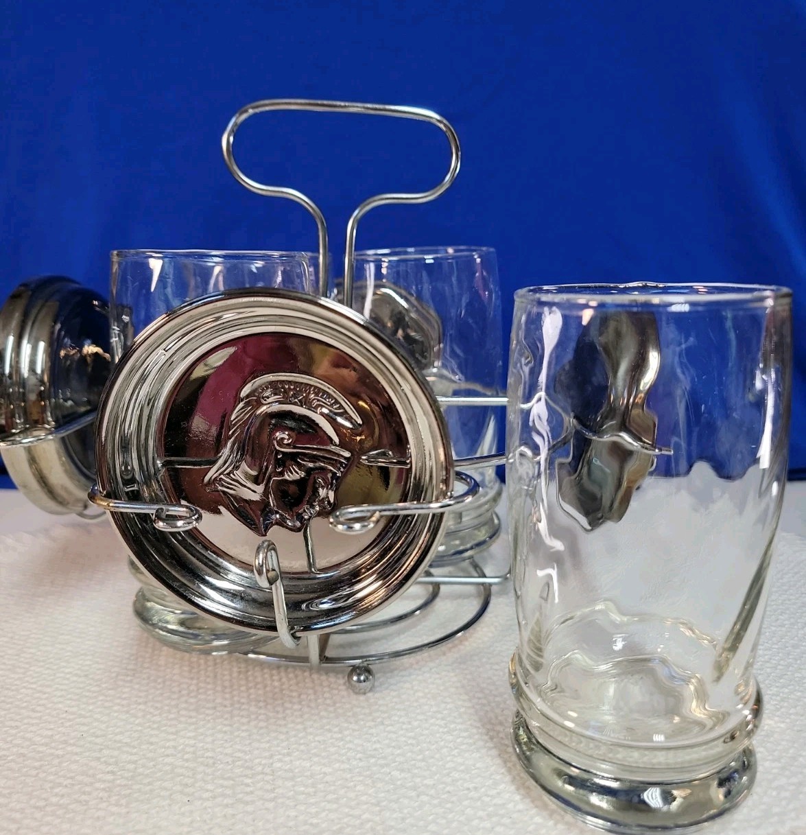 Vintage Kimiko Bar Set 4 Glasses Silver Coasters In Caddy Knight Shield Vintage Kimiko Bar Set 4 Glasses Silver Coasters In Caddy Knight Shield